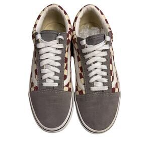 Vans Old Skool Checkered Skate Shoes Size 7 in White, Burgundy, and Gray